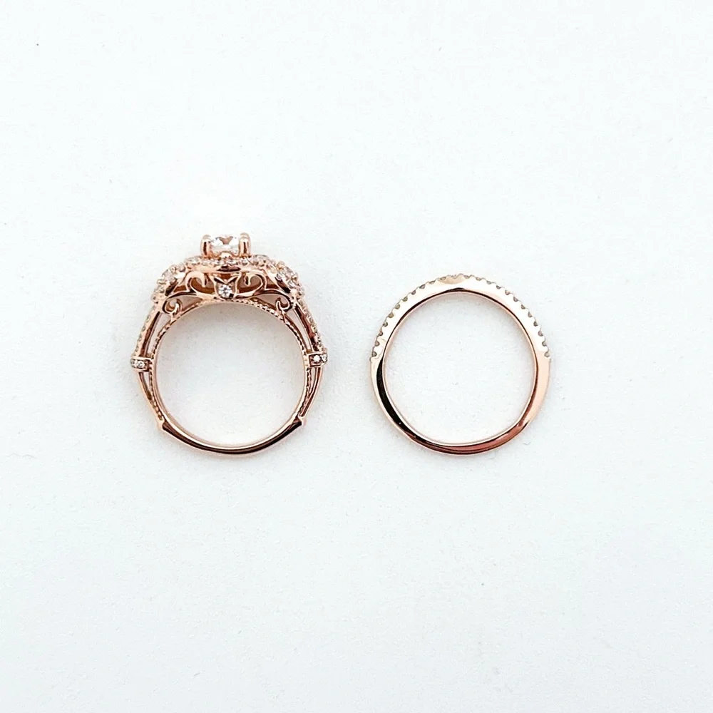 Rose Gold 14K Three Stone Diamond Halo Pave Engagement Ring Wedding Band Set - Picture 6 of 13